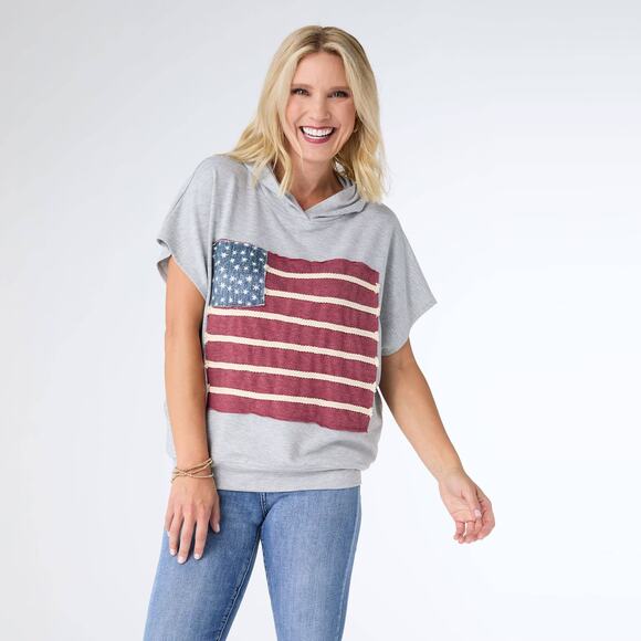 Coco + Carmen Tops - Vintage Look Americana Patriotic Hooded Top Red White Blue